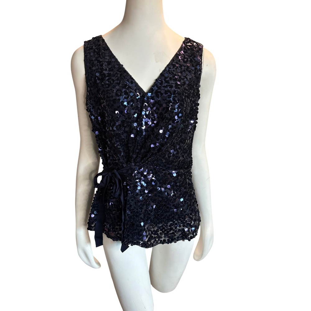 Navy Blue Velvet Sequin Wrap Top Sleeveless V-Neck Ribbon Tie